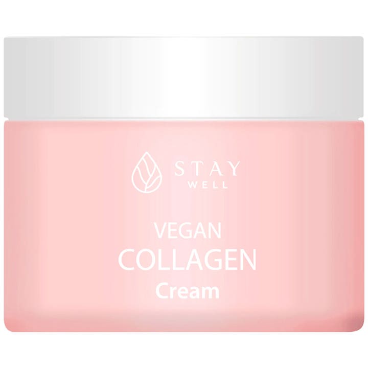 Stay Well Vegan Collagen Cream opstrammende ansigtsscreme i en lyserød krukke med hvidt låg og hvid tekst.