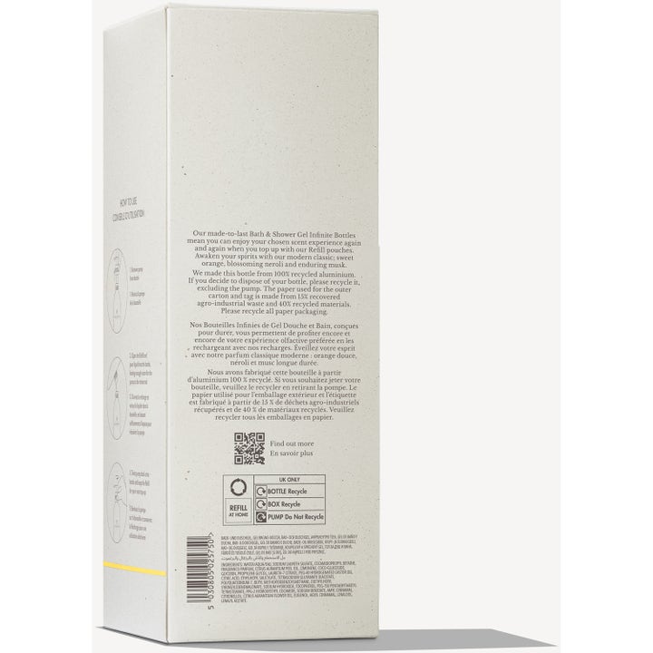 Molton Brown Orange & Bergamot Infinite Bath & Shower Gel 400 ml i hvid papæske med genanvendelsesinstruktioner