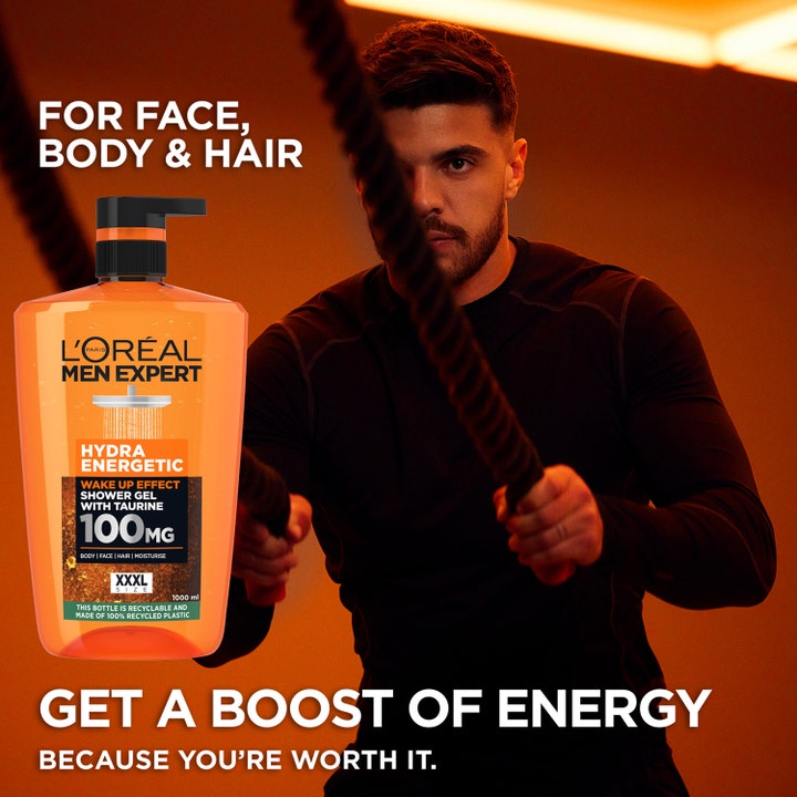 L'Oréal Paris Men Expert Hydra Energetic 1000 ml showergel med taurin giver energi vist med mand i fitnesscenter