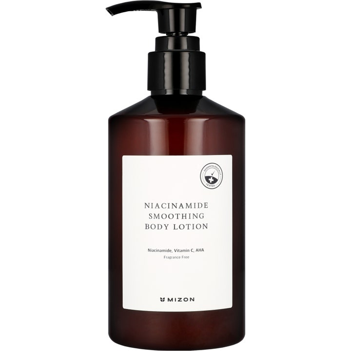 Mizon Niacinamide Smoothing Body Lotion udglattende kropscreme i mørkebrun flaske med sort pumpe