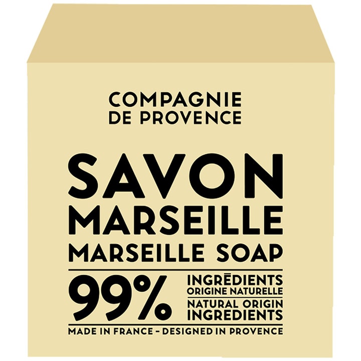 Compagnie de Provence Savon Marseille fast sæbe der renser huden i en beige papæske med sort tekst
