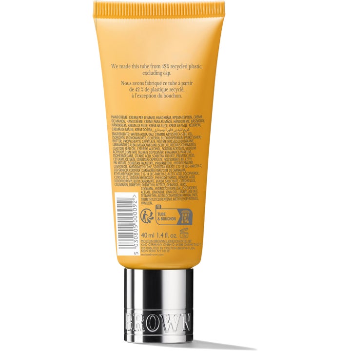 Molton Brown Flora Luminare Hand Cream 40 ml fugtgivende håndcreme på gul tube med ingrediensliste og sølvlåg
