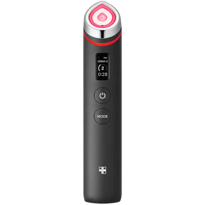Medicube Age-R Derma EMS Shot opstrammende ansigtsapparat i sort design med lysende rødt hoved og digitalt display