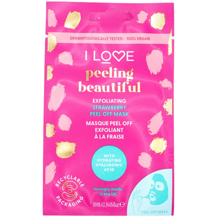 I LOVE Peeling Beautiful 10ml eksfolierende ansigtsmaske i pink sachet med hyaluronsyre og guldstrøg.