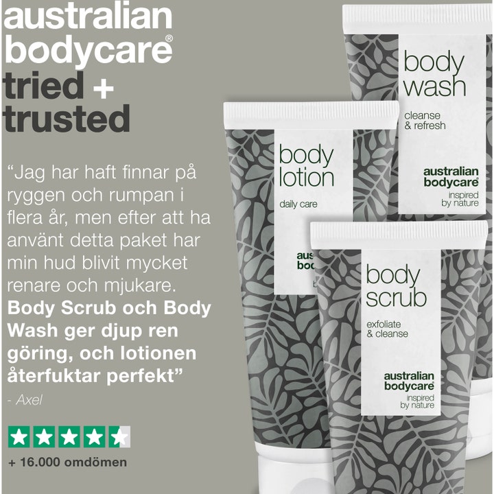 Australian Bodycare 3 Body Products mod uren hud med Body Lotion, Scrub og Wash i hvide tuber med bladmønster