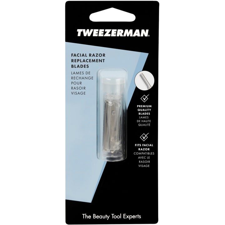 Tweezerman Facial Razor Replacement Blades til præcis hårfjerning i ansigtet i et rør på blå og sort emballage