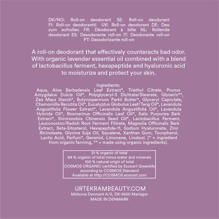 Urtekram Soothing Lavender Deo 50 ml beroligende roll-on med ingrediensliste på lilla baggrund