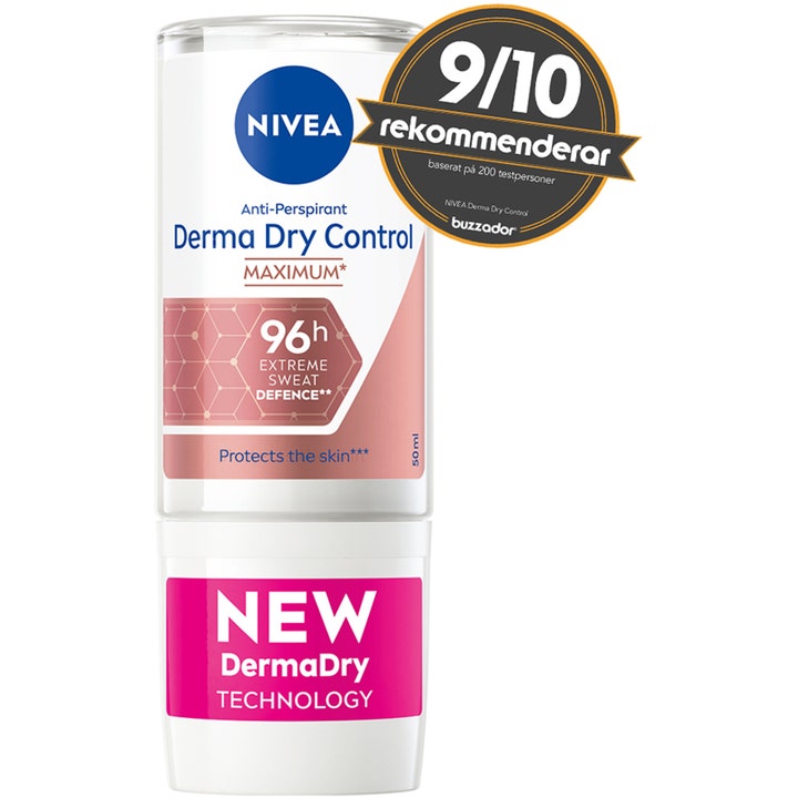NIVEA Derma Dry Maximum Protection 50 ml roll-on mod sved i hvid emballage med pink tekst og 9/10 anbefaling.