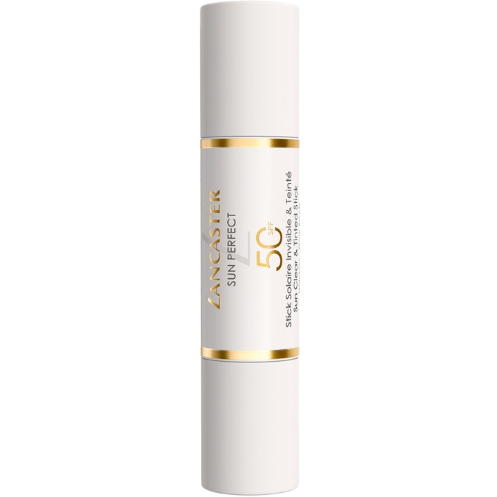 Lancaster Sun Perfect Airy Clear & Tinted Duo Stick 13 g solcreme i hvidt hylster med SPF 50 og gulddetaljer