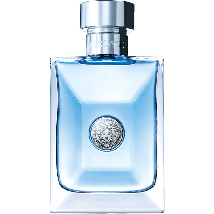 Versace Pour Homme Eau de Toilette frisk herreparfume i lyseblå glasflakon med sølvfarvet Medusa-emblem og låg.