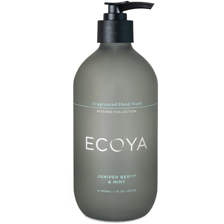 Ecoya Juniper Berry & Mint Fragranced Hand Wash 450 ml giver rene hænder i en stilfuld grå frostet flaske med pumpe.