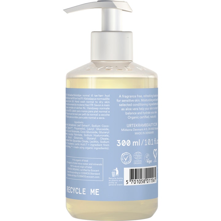 Urtekram Hand Wash Fragrance Free 300 ml fugtgivende håndsæbe i klar flaske med lyseblå label og hvid pumpe