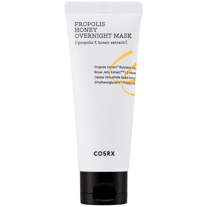 COSRX Propolis Honey Overnight Mask fugtgivende natmaske i hvid tube med sort låg og gul grafik