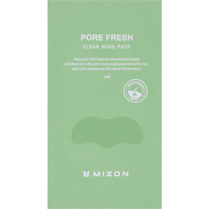 Mizon Pore Fresh Clear Nose Pack 1 stk mod hudorme er et rensende næseplaster i en lysegrøn pose med hvid tekst.