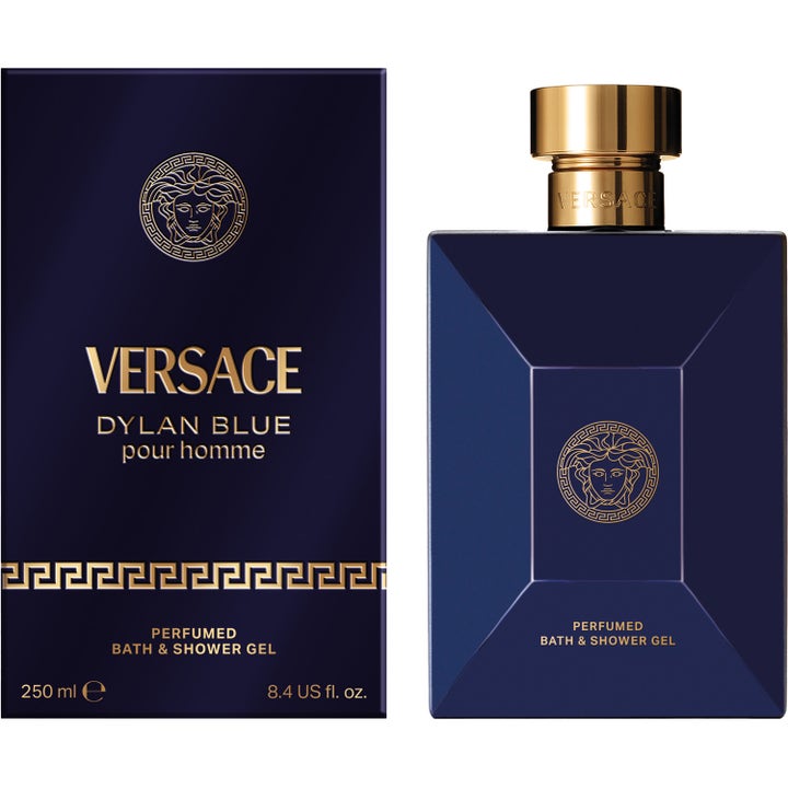 Versace Pour Homme Dylan Blue 250 ml showergel i elegant mørkeblå emballage med ikonisk guld Medusa-logo.