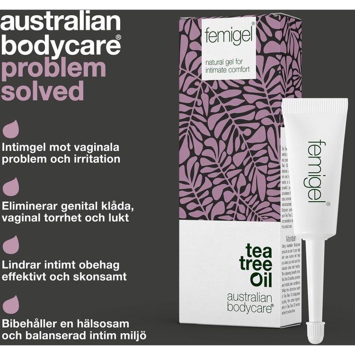 Australian Bodycare Femigel 25 ml intimpleje lindrer irritation og kløe i hvid tube og æske med lilla bladmønster