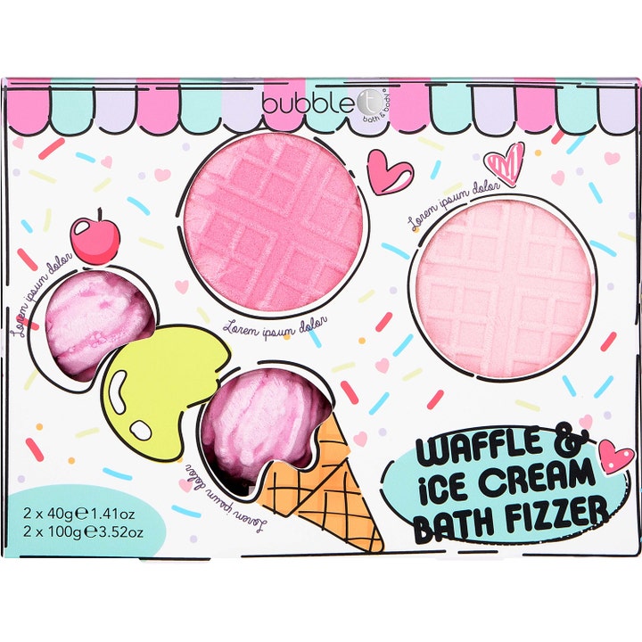 BubbleT Cartoon Waffle Bath Fizzer Set 280 ml badbomber i farverig emballage med lyserøde vafler og isvafler