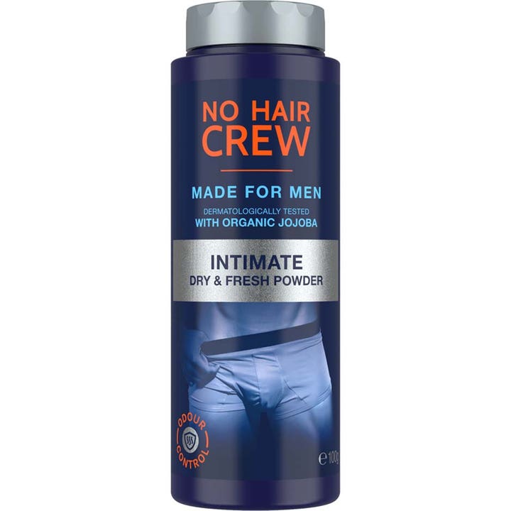 No Hair Crew Intimate Dry & Fresh Powder 100g kropspudder mod fugt i mørkeblå beholder med sølvlåg og illustration