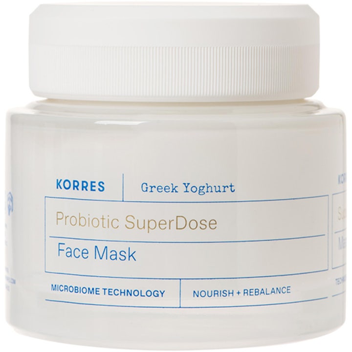 Korres Greek Yoghurt Probiotic SuperDose Face Mask 100 ml nærende ansigtsmaske i hvid krukke der genopretter balancen.