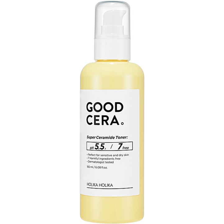 Holika Holika Good Cera Super Ceramide Toner 180 ml fugtgivende toner i en gul flaske med hvid label og klar pumpehætte