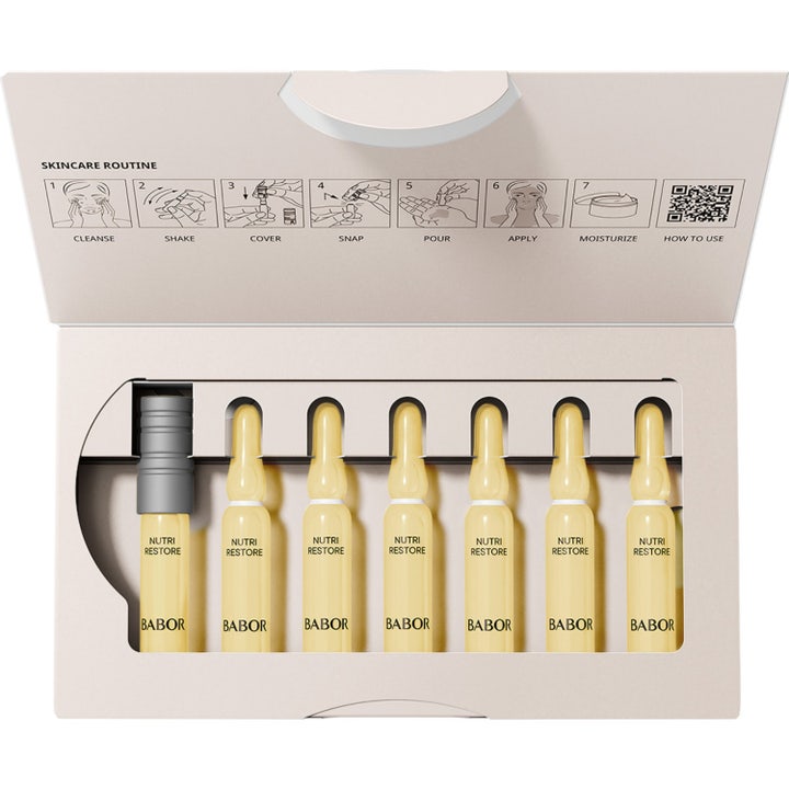 Babor Nutri Restore Ampoule 14 ml ansigtsserum i åben æske med syv glasampuller og brugsanvisning