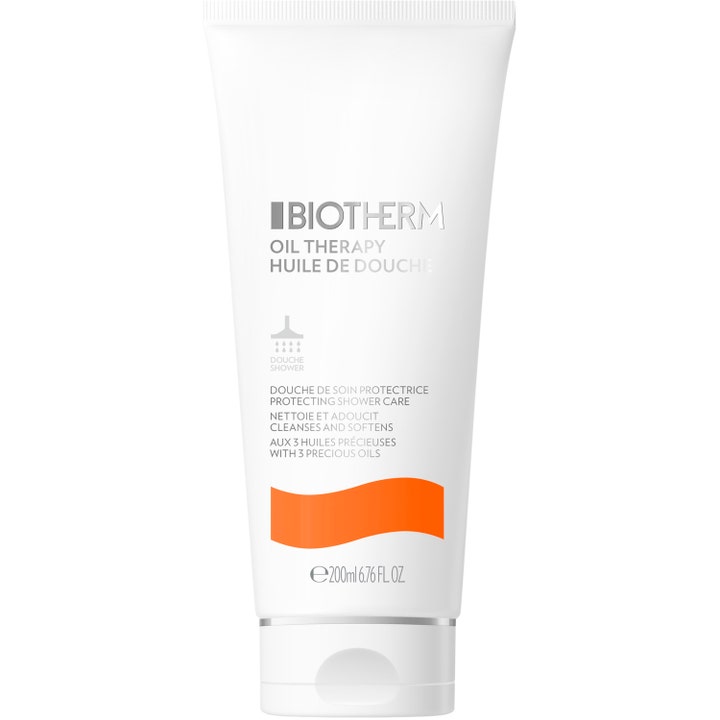 Biotherm Oil Therapy Huile de Douche 200ml blødgørende badeolie i en hvid tube med en orange bølge.