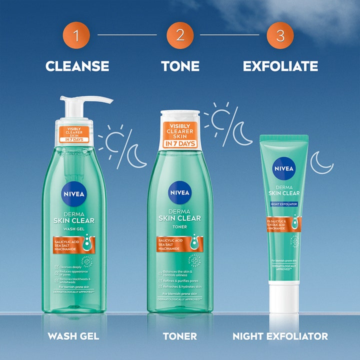 NIVEA Derma Skin Clear Night Exfoliator 40 ml eksfolierende natcreme i turkis tube vist som trin tre i en hudplejerutine