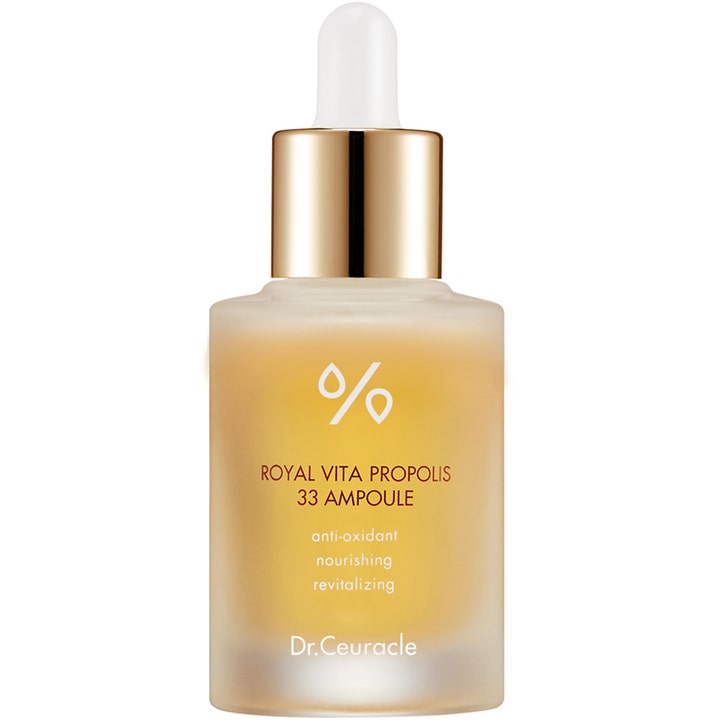 Dr. Ceuracle Royal Vita Propolis 33 Ampoule nærende serum i frostet glasflaske med guldlåg og hvid pipette.