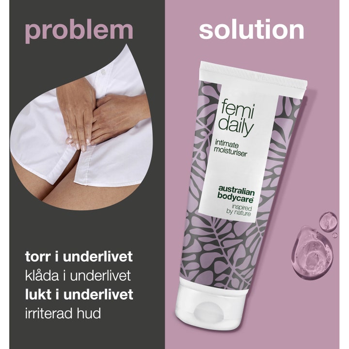 Australian Bodycare Femi Daily 100 ml intimpleje mod kløe og lugt i hvid tube vist med klar gel-tekstur.