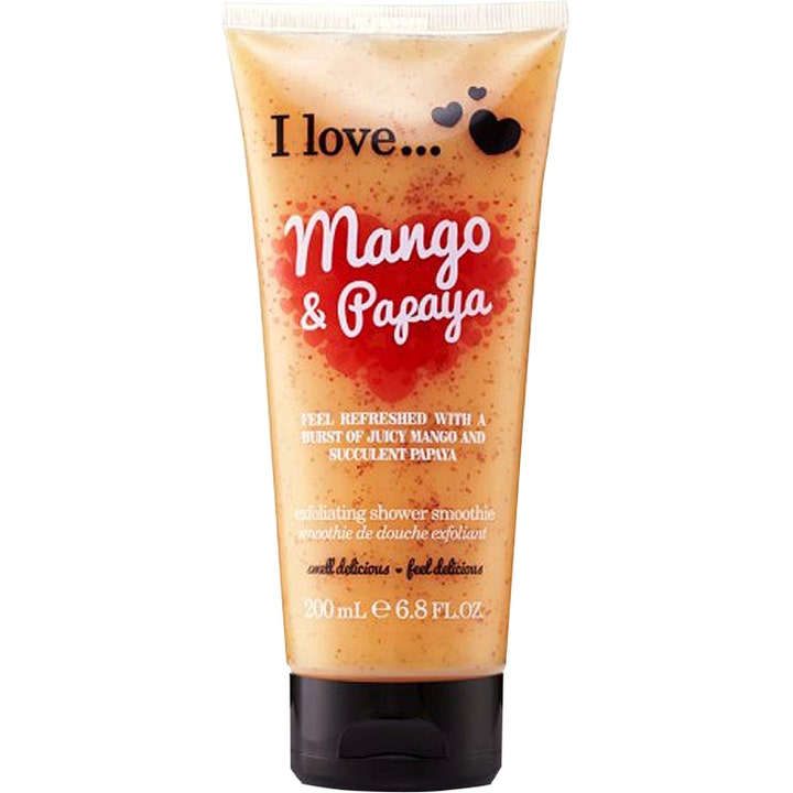 I Love Mango & Papaya Exfoliating Shower Smoothie 200 ml eksfolierende body scrub i orange tube med synlige korn og sort låg