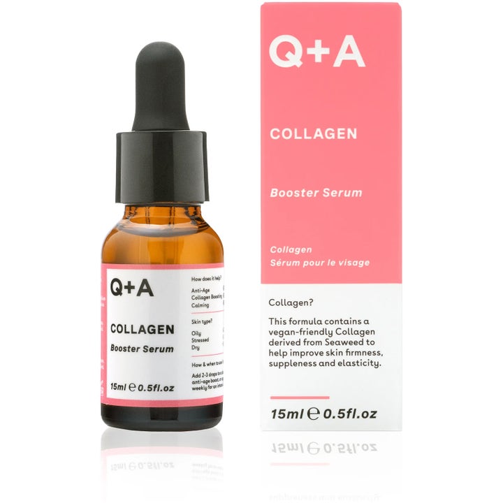 Q+A Collagen Booster Serum 15 ml anti-age ansigtsserum der giver fasthed i brun glasflaske med pipette og lyserød æske