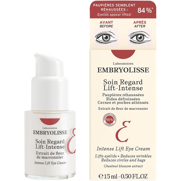 Embryolisse Intense Lift Eye Cream 15 ml løftende øjencreme i hvid pumpeflaske og æske med før og efter illustrationer