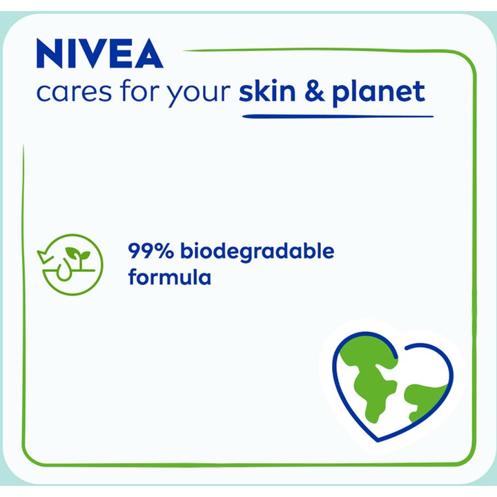 NIVEA Wash Gel Purifying 150 ml ansigtsrens med 99% biologisk nedbrydelig formel vist på infografik