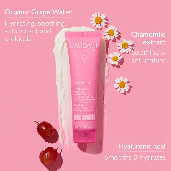 Caudalie Vinohydra Sorbet Cream 60 ml fugtgivende dagcreme med hvid creme, kamilleblomster og røde druer