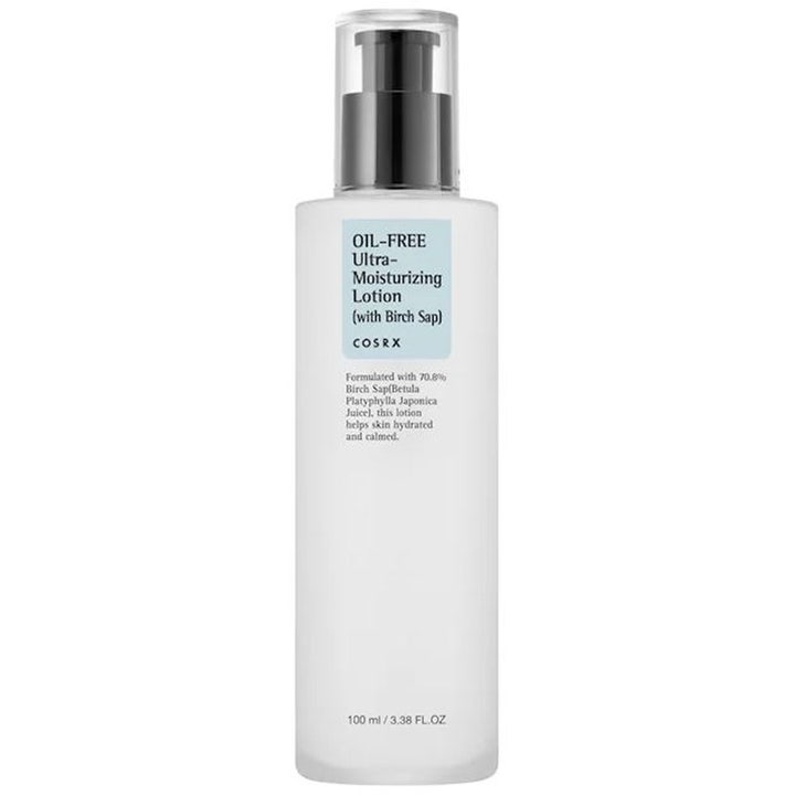 COSRX Oil-Free Ultra-Moisturizing Lotion 100 ml beroligende ansigtscreme i frostet flaske med sort pumpe og klart låg