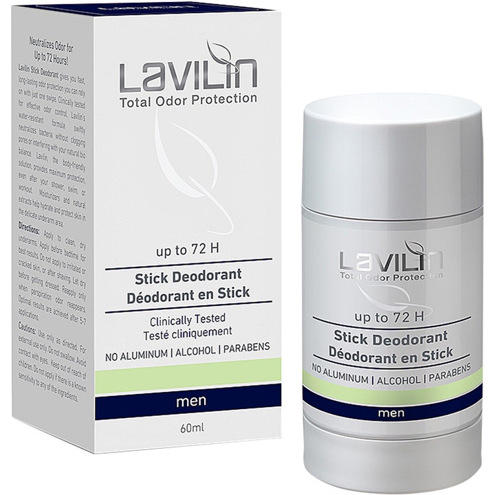 Lavilin Stick Deodorant 60ml giver effektiv lugtbeskyttelse i hvidt hylster og tilhørende papæske med blå detaljer.