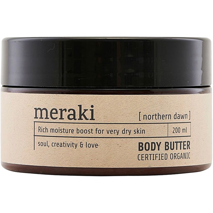 Meraki Northern Dawn Body Butter 200 ml fugtgivende kropscreme i mørk krukke med sort låg og beige papiretiket.