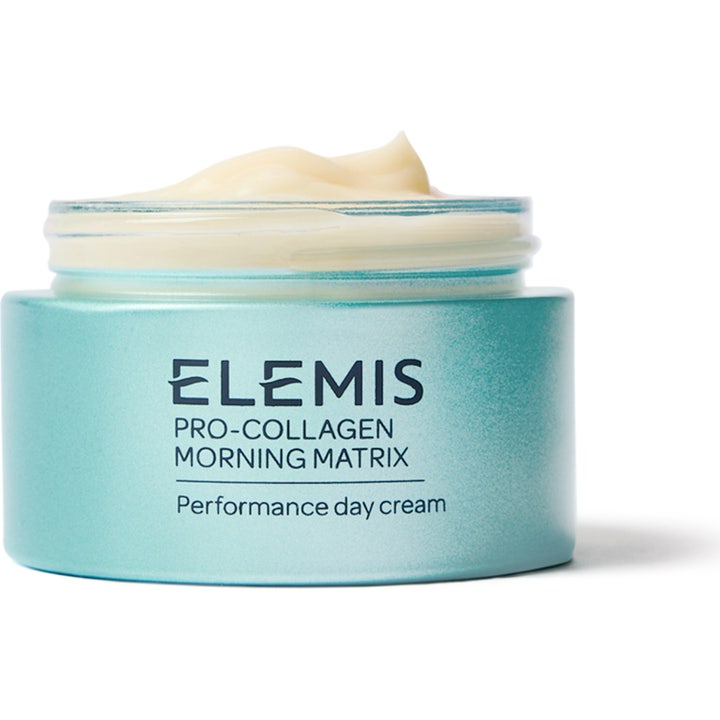Elemis Pro-Collagen Morning Matrix 50ml dagcreme i lyseblå krukke med en rig og cremet tekstur.