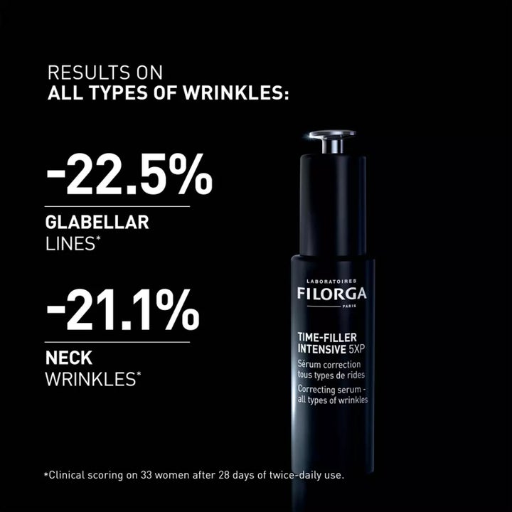 Filorga Time-Filler Intensive 5XP 30 ml rynkekorrigerende serum i sort pumpeflaske med kliniske testresultater
