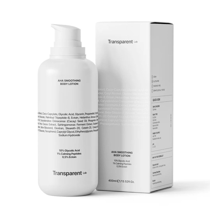Niche Beauty Lab Transparent Lab Aha Smoothing Body Lotion 400 ml eksfolierende lotion med glykolsyre og pumpe.