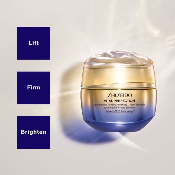 Shiseido Vital Perfection Advanced Cream Enriched 50 ml i guld og lilla krukke der giver lift og firm