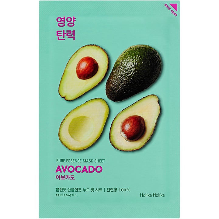 Holika Holika Pure Essence Mask Sheet Avocado 23 ml nærende ansigtsmaske i lysegrøn indpakning med friske avocadoer