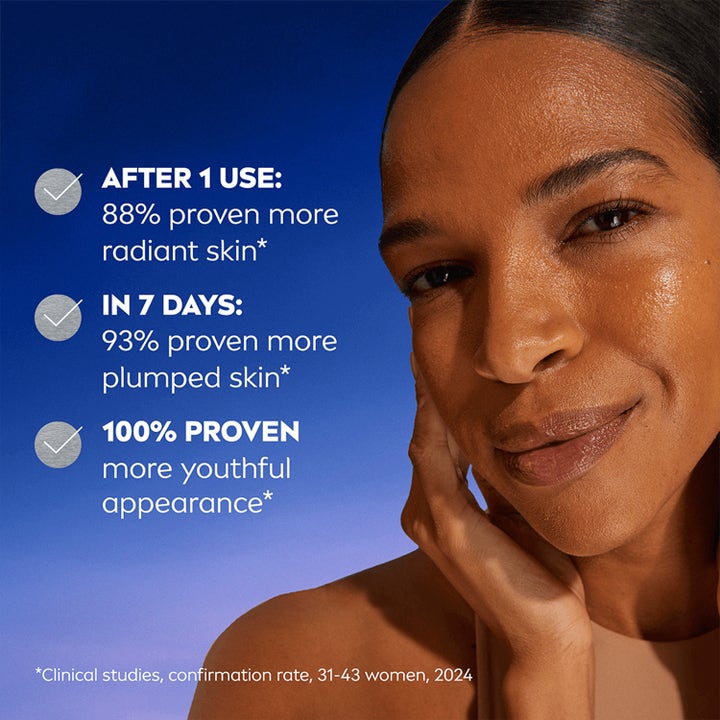 NIVEA Cellular Epigenetics Serum 15 ml viser en kvinde og tekst om 100% dokumenteret mere ungdommeligt udseende.