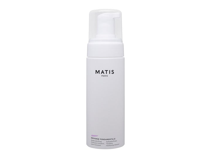 Matis Réponse Fondamentale Authentik-Foam rensende ansigtsskum i en hvid plastflaske med pumpe og klart låg