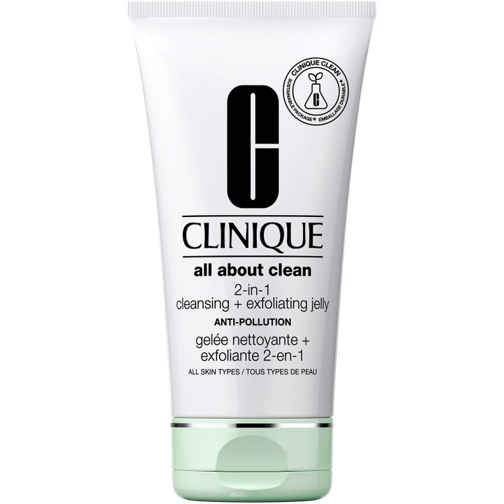 Clinique All About Clean 2-in-1 Cleansing + Exfoliating Jelly eksfolierende ansigtsrens i hvid tube med lysegrønt låg