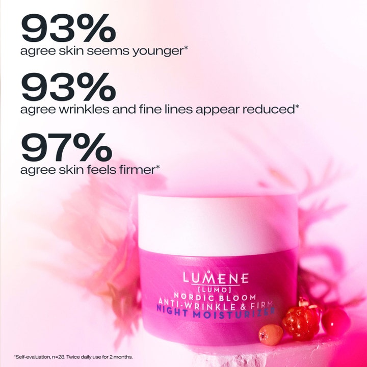 Lumene Nordic Bloom Night Moisturizer 50 ml opstrammende nattcreme med tekst om synligt fastere hud