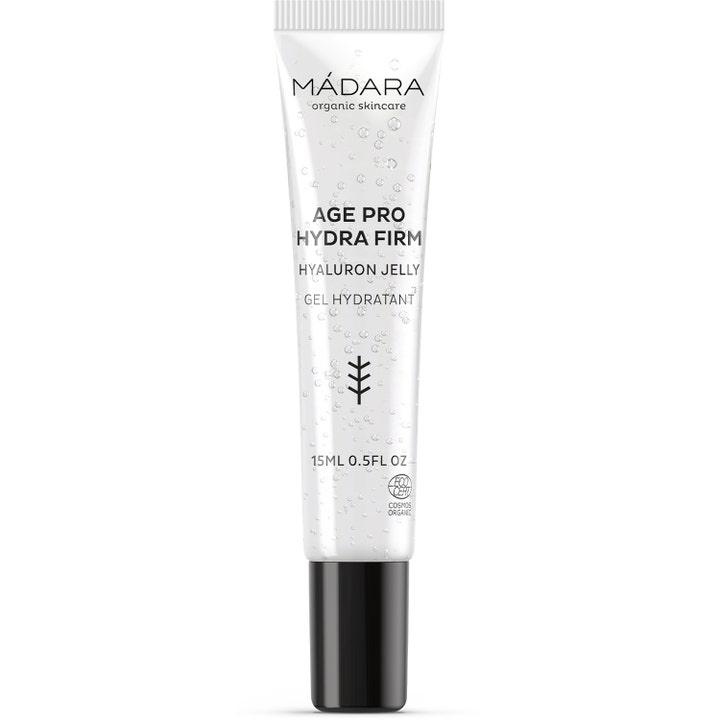 Mádara Age Pro Hydra Firm Hyaluron Jelly 15 ml fugtgivende ansigtsgel i klar tube med sort låg og luftbobler