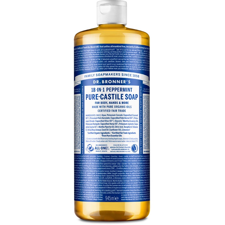 Dr. Bronner's Peppermint Pure-Castile Soap 945ml opfriskende økologisk sæbe i klar flaske med ravfarvet væske