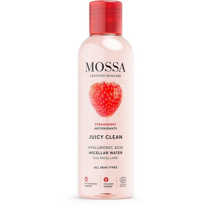 MOSSA Juicy Clean Hyaluronic Acid Micellar Water fugtgivende ansigtsrens i klar flaske med rødt låg og jordbær