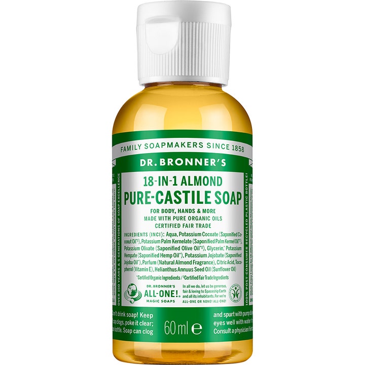 Dr. Bronner's 18-in-1 Almond Pure-Castile Soap 60 ml mild flydende sæbe i gennemsigtig flaske med grøn etiket og hvidt låg